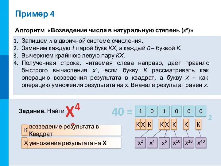 X40 Задание. Найти Пример 4 Алгоритм «Возведение числа в натуральную степень (xn)»