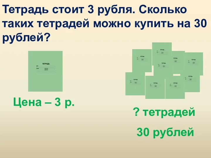 Тетрадь стоит 3 рубля. Сколько таких тетрадей можно купить на 30 рублей?