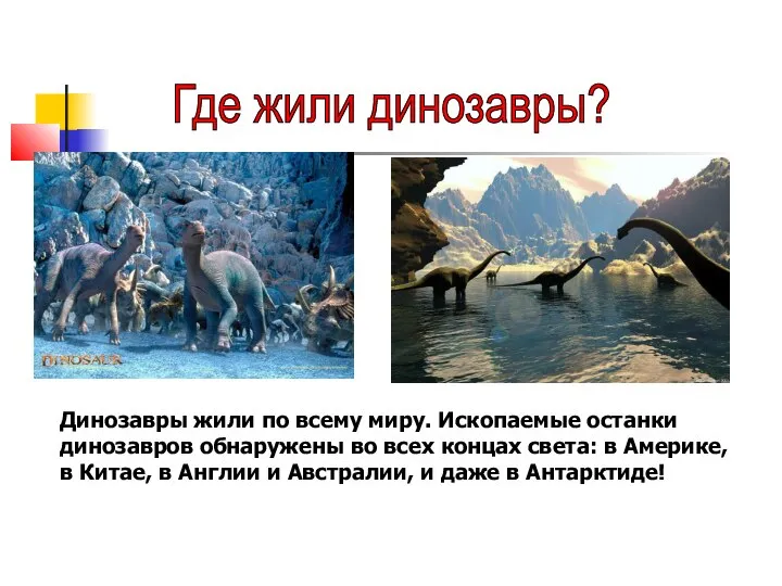 Где жили динозавры? Динозавры жили по всему миру. Ископаемые останки динозавров обнаружены