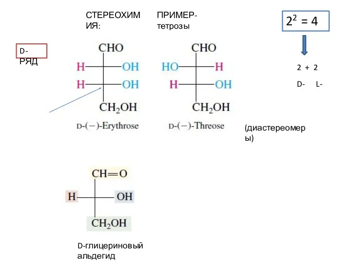 СТЕРЕОХИМИЯ: ПРИМЕР- тетрозы 22 = 4 D-РЯД D-глицериновый альдегид (диастереомеры) 2 + 2 D- L-