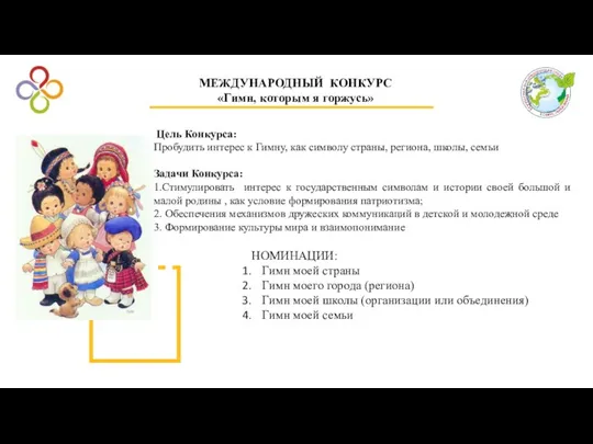 . МЕЖДУНАРОДНЫЙ КОНКУРС «Гимн, которым я горжусь» Цель Конкурса: Пробудить интерес к