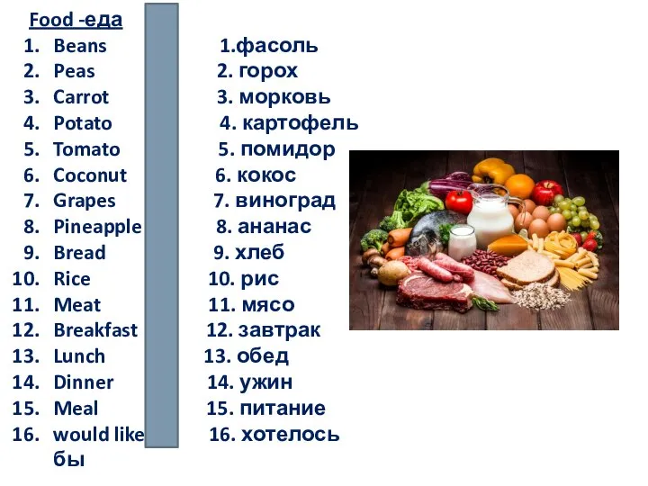 Food -еда Beans 1.фасоль Peas 2. горох Carrot 3. морковь Potato 4.
