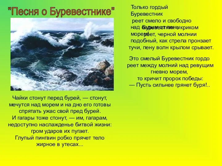 "Песня о Буревестнике" Чайки стонут перед бурей, — стонут, мечутся над морем