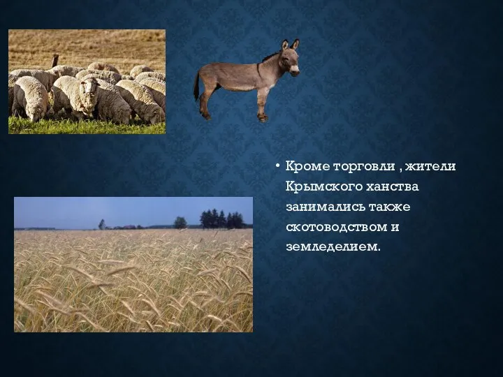 Кроме торговли , жители Крымского ханства занимались также скотоводством и земледелием.