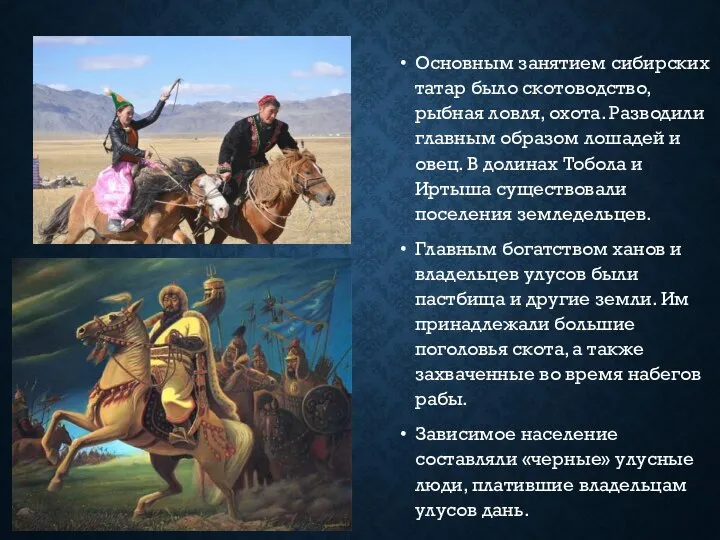 Основным занятием сибирских татар было скотоводство, рыбная ловля, охота. Разводили главным образом
