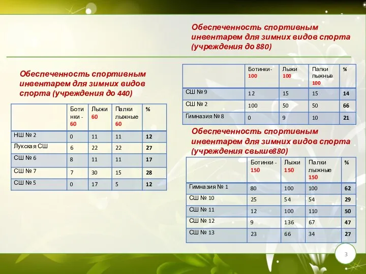 Обеспеченность спортивным инвентарем для зимних видов спорта (учреждения до 440) Обеспеченность спортивным