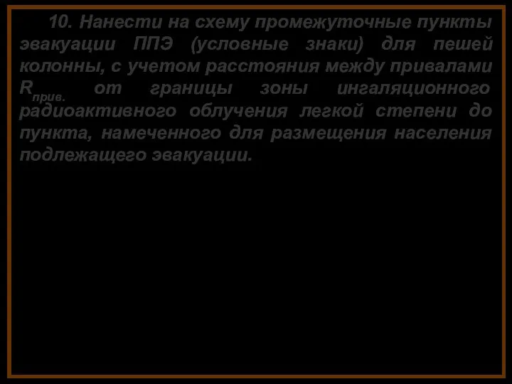 10. Нанести на схему промежуточные пункты эвакуации ППЭ (условные знаки) для пешей