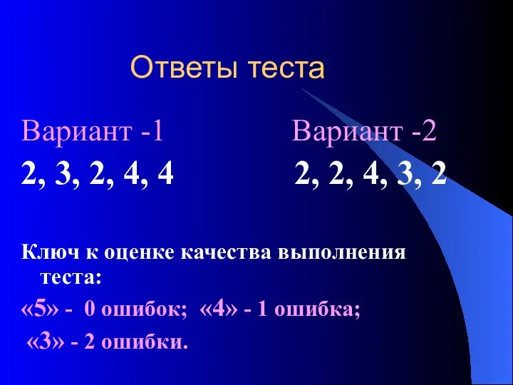 Ответы теста Вариант -1 Вариант -2 2, 3, 2, 4, 4 2,