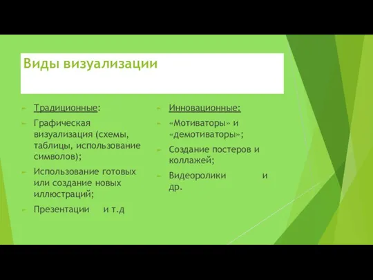 Виды визуализации Традиционные: Графическая визуализация (схемы, таблицы, использование символов); Использование готовых или