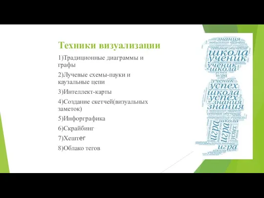 Техники визуализации 1)Традиционные диаграммы и графы 2)Лучевые схемы-пауки и каузальные цепи 3)Интеллект-карты