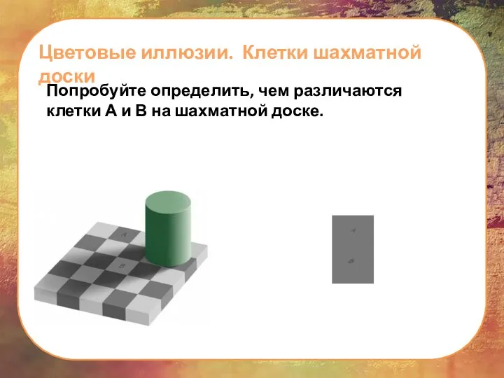 Цветовые иллюзии. Клетки шахматной доски Попробуйте определить, чем различаются клетки А и В на шахматной доске.