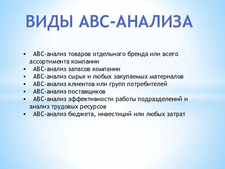 ВИДЫ АВС-АНАЛИЗА АВС-анализ товаров отдельного бренда или всего ассортимента компании АВС-анализ запасов