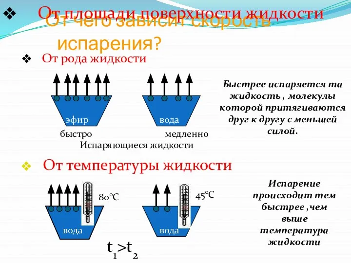 От чего зависит скорость испарения? От рода жидкости эфир медленно Испаряющиеся жидкости