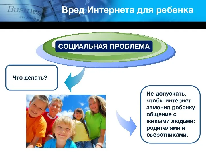 Что делать? СОЦИАЛЬНАЯ ПРОБЛЕМА Не допускать, чтобы интернет заменил ребенку общение с