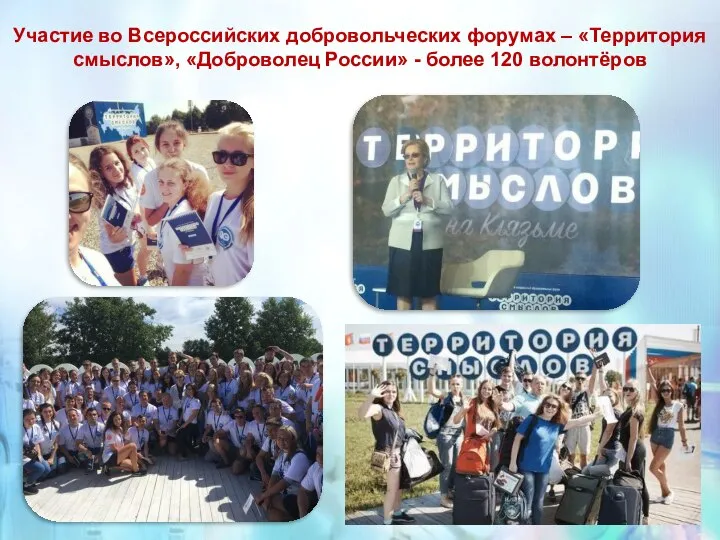 Участие во Всероссийских добровольческих форумах – «Территория смыслов», «Доброволец России» - более 120 волонтёров