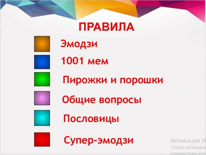 ПРАВИЛА Эмодзи 1001 мем Пирожки и порошки Общие вопросы Пословицы Супер-эмодзи