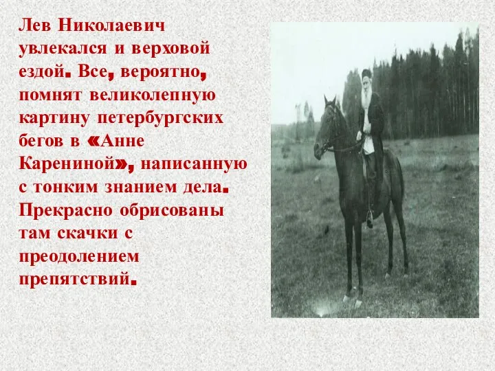 Лев Николаевич увлекался и верховой ездой. Все, вероятно, помнят великолепную картину петербургских