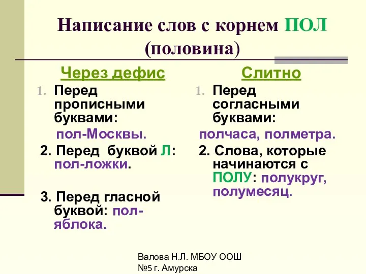 Валова Н.Л. МБОУ ООШ №5 г. Амурска Написание слов с корнем ПОЛ