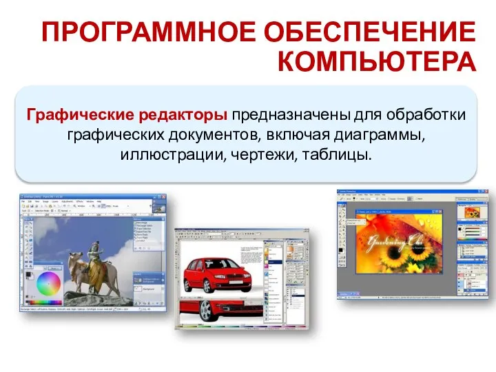 ПРОГРАММНОЕ ОБЕСПЕЧЕНИЕ КОМПЬЮТЕРА Графические редакторы предназначены для обработки графических документов, включая диаграммы, иллюстрации, чертежи, таблицы.
