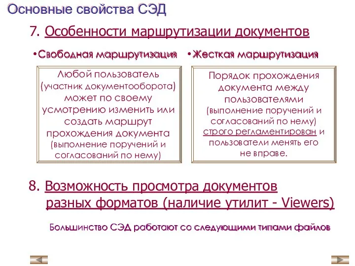 7. Особенности маршрутизации документов Свободная маршрутизация Жесткая маршрутизация 8. Возможность просмотра документов