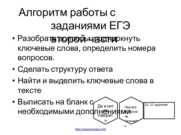 Алгоритм работы с заданиями ЕГЭ второй части Разобрать вопросы: подчеркнуть ключевые слова,