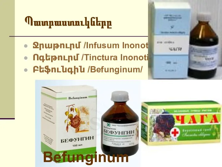 Պատրաստուկները Ջրաթուրմ /Infusum Inonoti/ Ոգեթուրմ /Tinctura Inonoti/ Բեֆունգին /Befunginum/ Befunginum