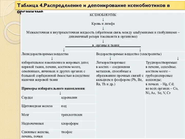 Таблица 4.Распределение и депонирование ксенобиотиков в организме