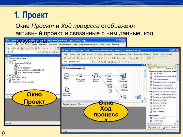 Окна Проект и Ход процесса отображают активный проект и связанные с ним