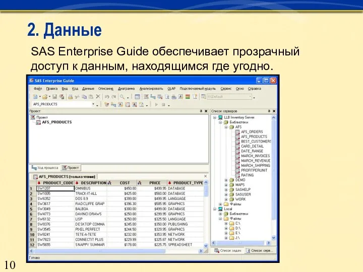 SAS Enterprise Guide обеспечивает прозрачный доступ к данным, находящимся где угодно. 2. Данные
