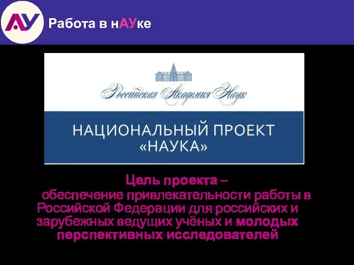 Работа в нАУке Цель проекта – обеспечение привлекательности работы в Российской Федерации