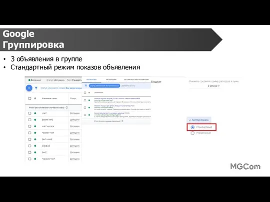 Google Группировка 3 объявления в группе Стандартный режим показов объявления