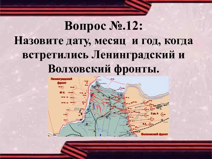 Вопрос №.12: Назовите дату, месяц и год, когда встретились Ленинградский и Волховский фронты.