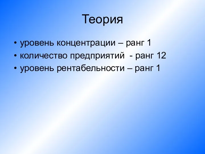 Теория уровень концентрации – ранг 1 количество предприятий - ранг 12 уровень рентабельности – ранг 1