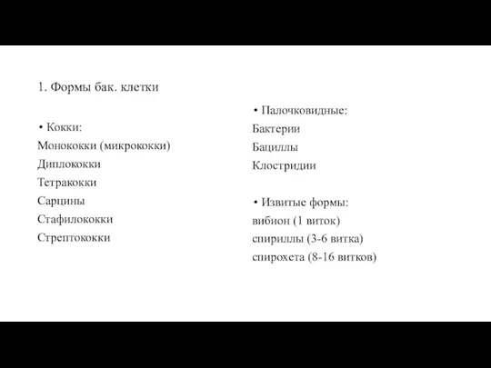 1. Формы бак. клетки Кокки: Монококки (микрококки) Диплококки Тетракокки Сарцины Стафилококки Стрептококки