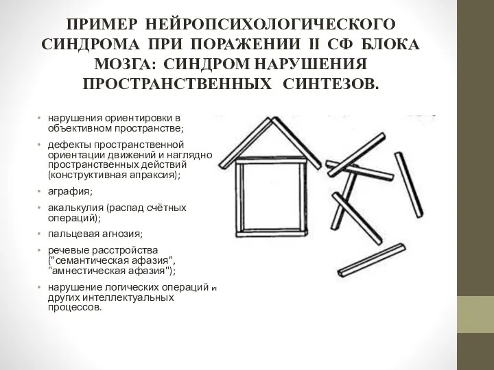 ПРИМЕР НЕЙРОПСИХОЛОГИЧЕСКОГО СИНДРОМА ПРИ ПОРАЖЕНИИ II СФ БЛОКА МОЗГА: СИНДРОМ НАРУШЕНИЯ ПРОСТРАНСТВЕННЫХ