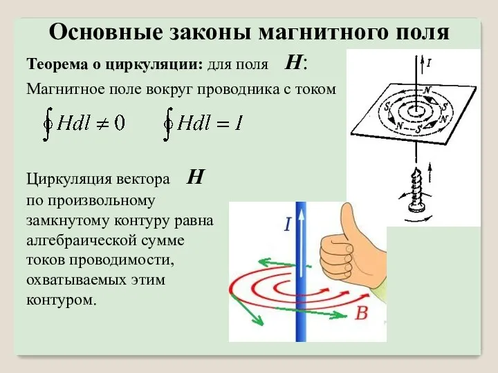 Теорема о циркуляции: для поля H: Магнитное поле вокруг проводника с током