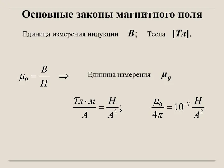 Единица измерения индукции B; Тесла [Тл]. Единица измерения μ0 Основные законы магнитного поля