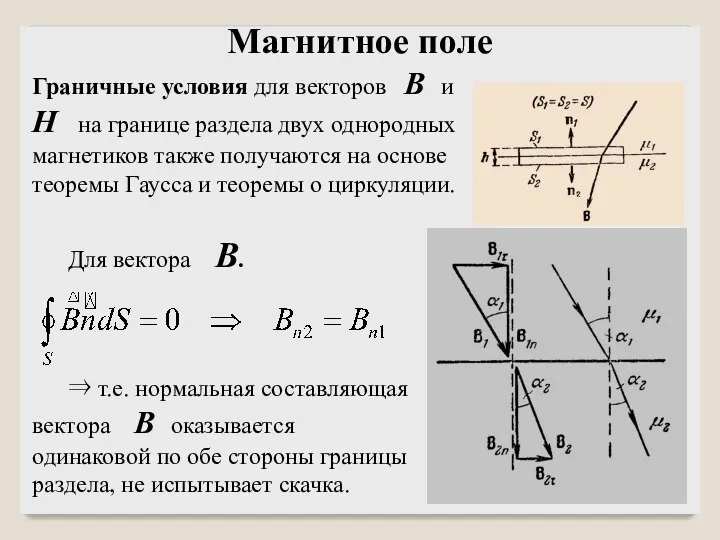 Граничные условия для векторов B и H на границе раздела двух однородных