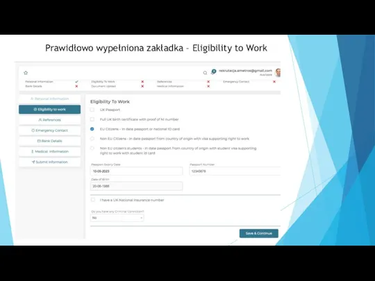 Prawidłowo wypełniona zakładka – Eligibility to Work