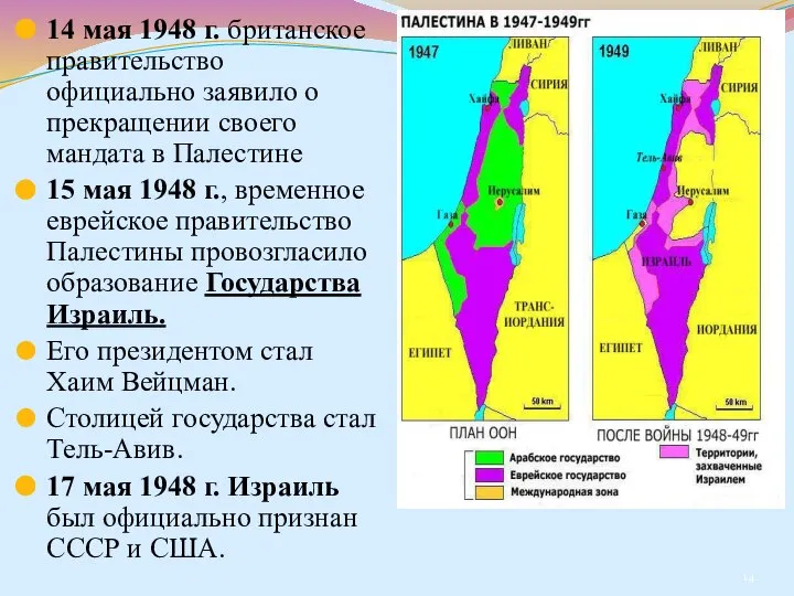 14 мая 1948 г. британское правительство официально заявило о прекращении своего мандата