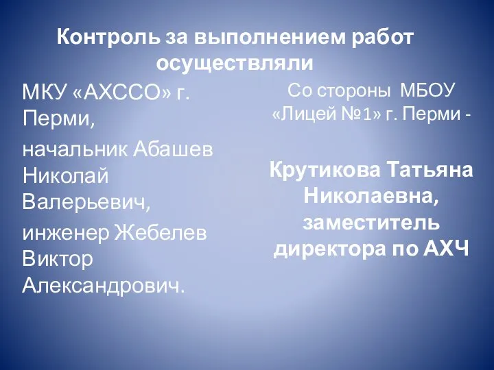 Контроль за выполнением работ осуществляли МКУ «АХССО» г. Перми, начальник Абашев Николай