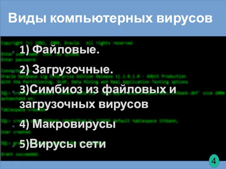 Виды компьютерных вирусов 1) Файловые. 2) Загрузочные. 3)Симбиоз из файловых и загрузочных