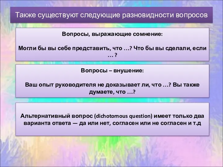 Также существуют следующие разновидности вопросов Вопросы, выражающие сомнение: Могли бы вы себе