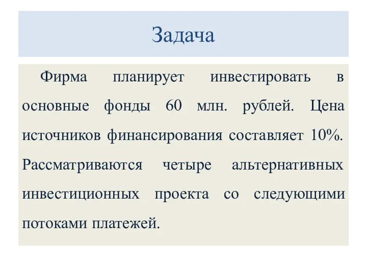 Задача Фирма планирует инвестировать в основные фонды 60 млн. рублей. Цена источников