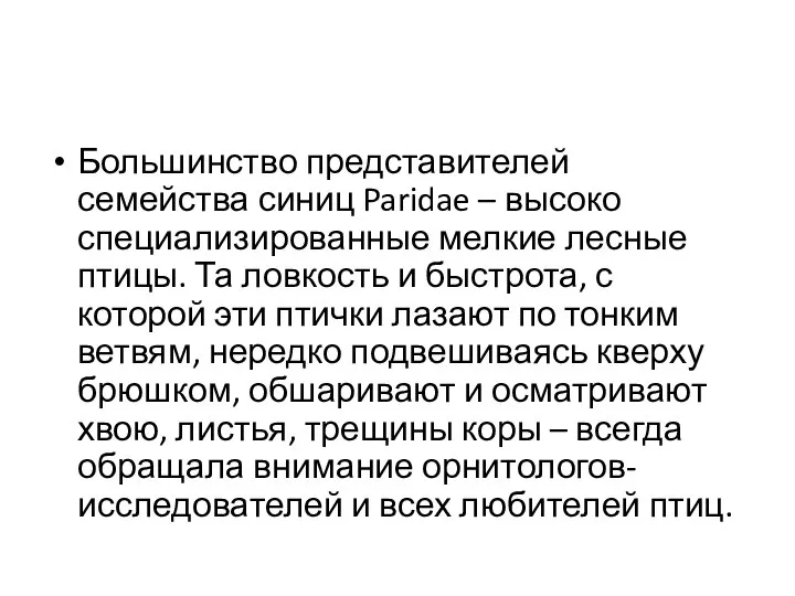 Большинство представителей семейства синиц Paridae – высоко специализированные мелкие лесные птицы. Та