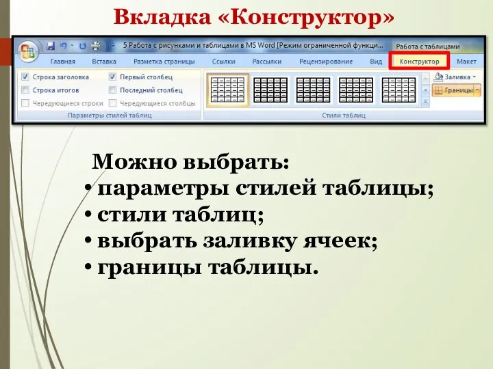 Вкладка «Конструктор» Можно выбрать: параметры стилей таблицы; стили таблиц; выбрать заливку ячеек; границы таблицы.