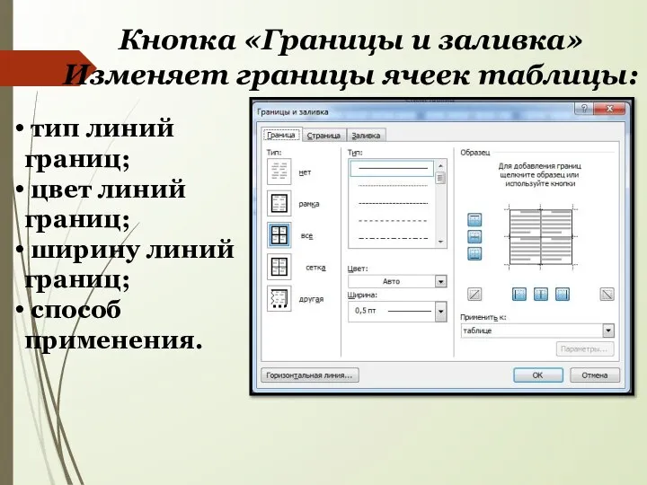 Кнопка «Границы и заливка» Изменяет границы ячеек таблицы: тип линий границ; цвет