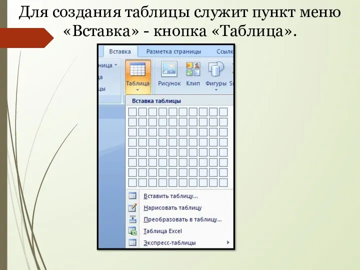 Для создания таблицы служит пункт меню «Вставка» - кнопка «Таблица».