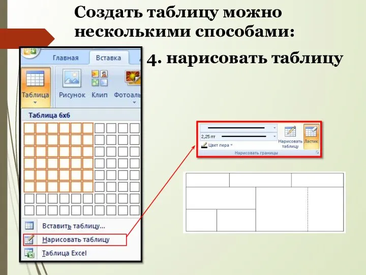 4. нарисовать таблицу Создать таблицу можно несколькими способами: