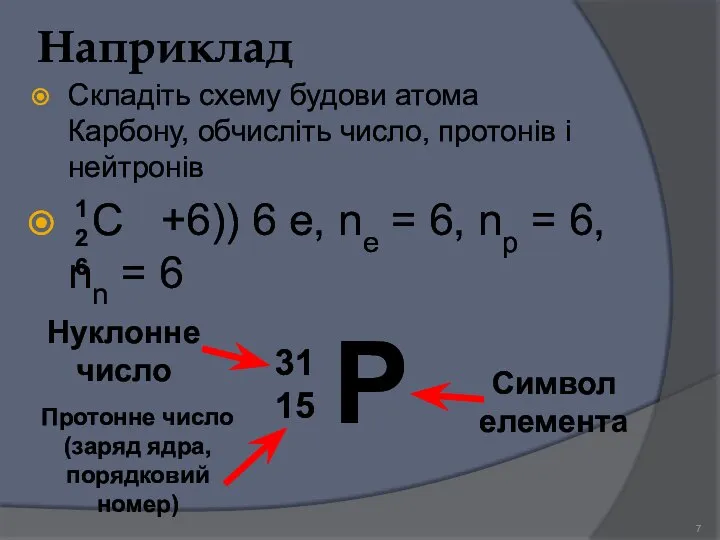 Наприклад Складіть схему будови атома Карбону, обчисліть число, протонів і нейтронів С